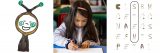 In the center, a child completing an activity. On the right, a world search with the letters made of plant materials