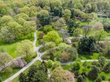 Aerial view of multidirectional path way amongst bright green grass, and green trees.