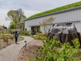 Student walking up path with a hut to the right of him and plants