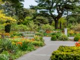 Grey pathway amongst small yellow and orange flowers, green trees and foliage, a wooden bench and a small, white pillar statue with a steel globe on top.