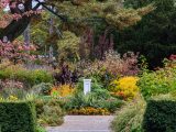 White pillar statue with a steel globe statue on top surrounded by multicolored bushes, foliage and green trees.