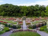 Aerial shot of Rose Garden including gray pathways leading to a stone staircase, pink, white, red and yellow roses, green grass, green trees all below blue skies.