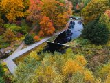 Aerial shot of multi-colored trees and water feature and paths