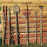 Gardening tools leaning on a shed