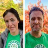 A split image of two people, one of which is smiling woman with long, dark hair wearing a grey sweater and a green T-shirt with word "Treebath" arcing around a colorful illustration of leaves; the other is a man with short brown hair and trimmed facial hair wearing the same green T-shirt. Both are set against a background of trees in the fall.