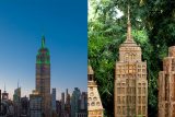 An image of the empire state building next to its plant material replica