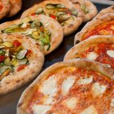 a display of pizza