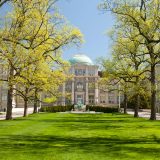 tall trees on either side of a green lawn with the library building in the background