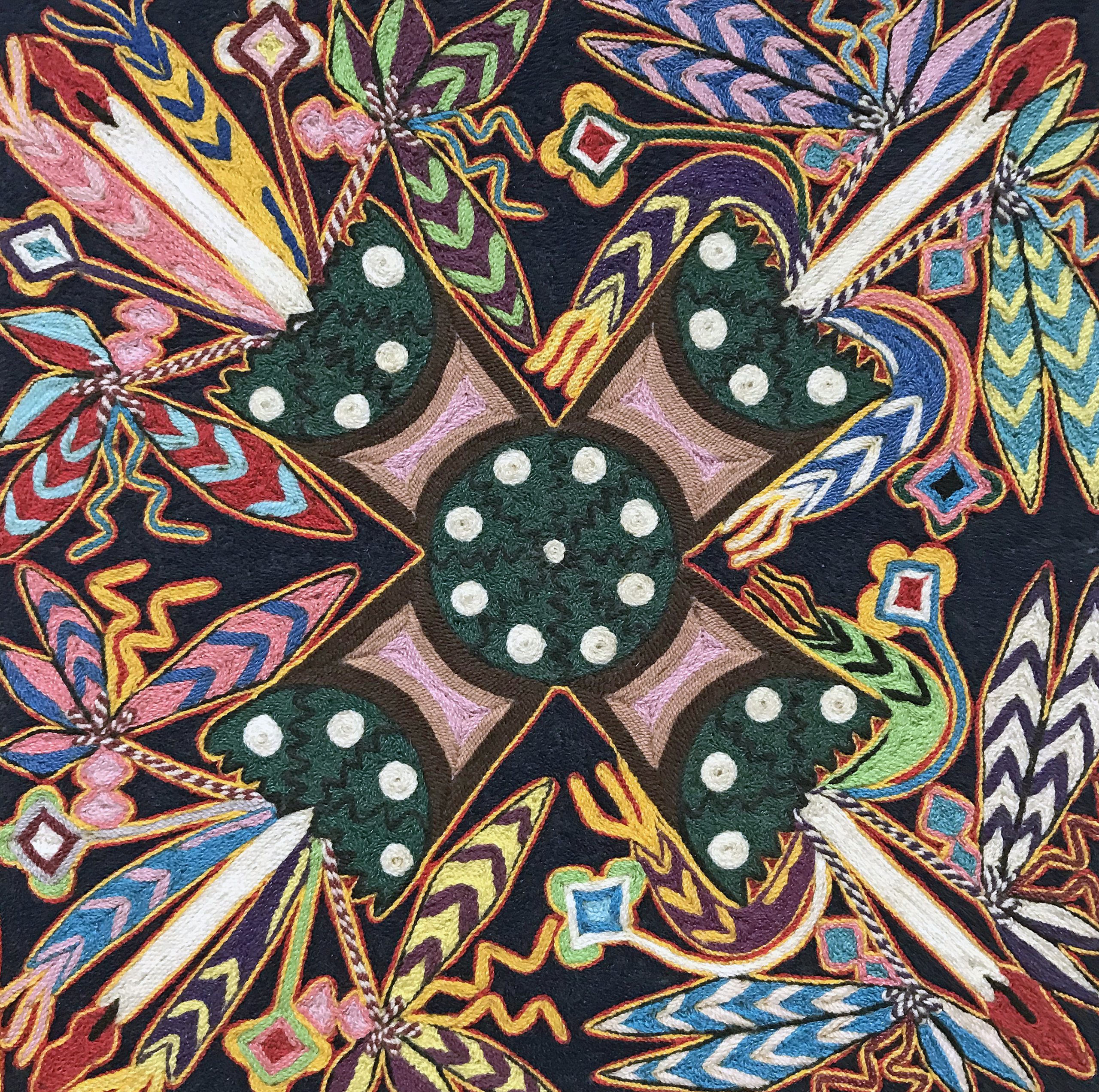 Huichol Yarn Pinting Carlson PS: A Huichol Indian yarn painting of the sacred peyote cactus, Lophophora williamsii. Note the richness of the colors that appear in the painting, which offers a sense of the visions seen during the ritual use of peyote.