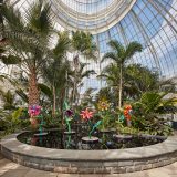 Five colorful floral sculptures of varying colors and styles rise up from a reflecting pool surrounded by various palm trees in a domed glasshouse.