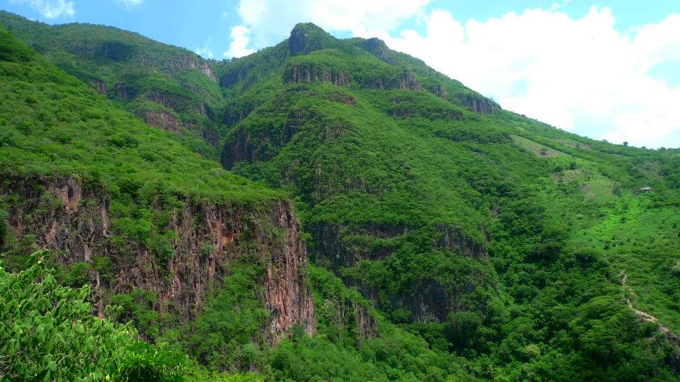 Photo of tall green mountains with interspersed cliffs of red rock