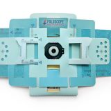 A cardboard, foldable blue microscope for kids to use