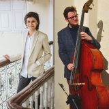 Side-by-side collage image of Aayushi Karnik standing at a stairwell banister, and Gabe Rupe performing with a stand-up bass