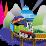 A colorful illustration of a green steam locomotive on a brown railway passing between green and pink mountains
