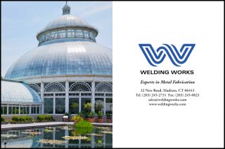 Welding Works logo alongside an image of a domed conservatory rising up behind a pool filled with water lily pads