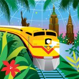 An illustration of the holiday train show featuring a yellow train driving in the Conservatory across the empire state building, chrysler building, and one world trade center, surrounded by plants.