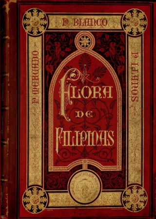 Scan of the original cover of Flora de Filipinas, an elaborate design featurig an inlaid red bell jar surrounded by gold-foil borders and stars