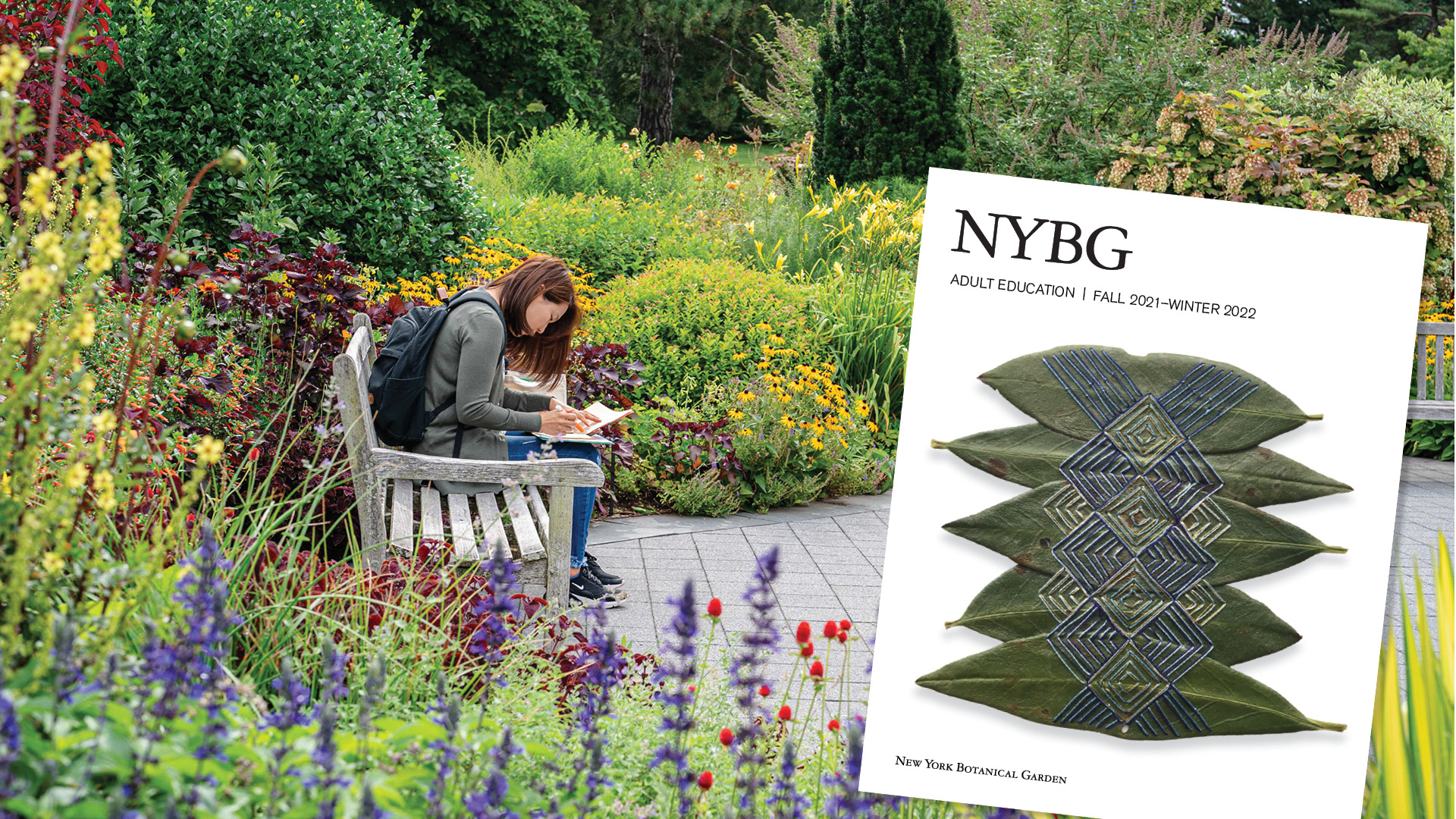 An image of a catalog cover featuring embroidered designs on leaves is superimposed on another image of a visitor examines a handful of papers while seated on a bench among bushes and a variety of flowers.