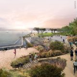 A rendering of people enjoying themselves on a beach at sunset, with intentional plantings defining its border