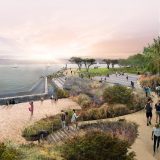 A rendering of a sunny beach scene full of people and lined with intentional plantings