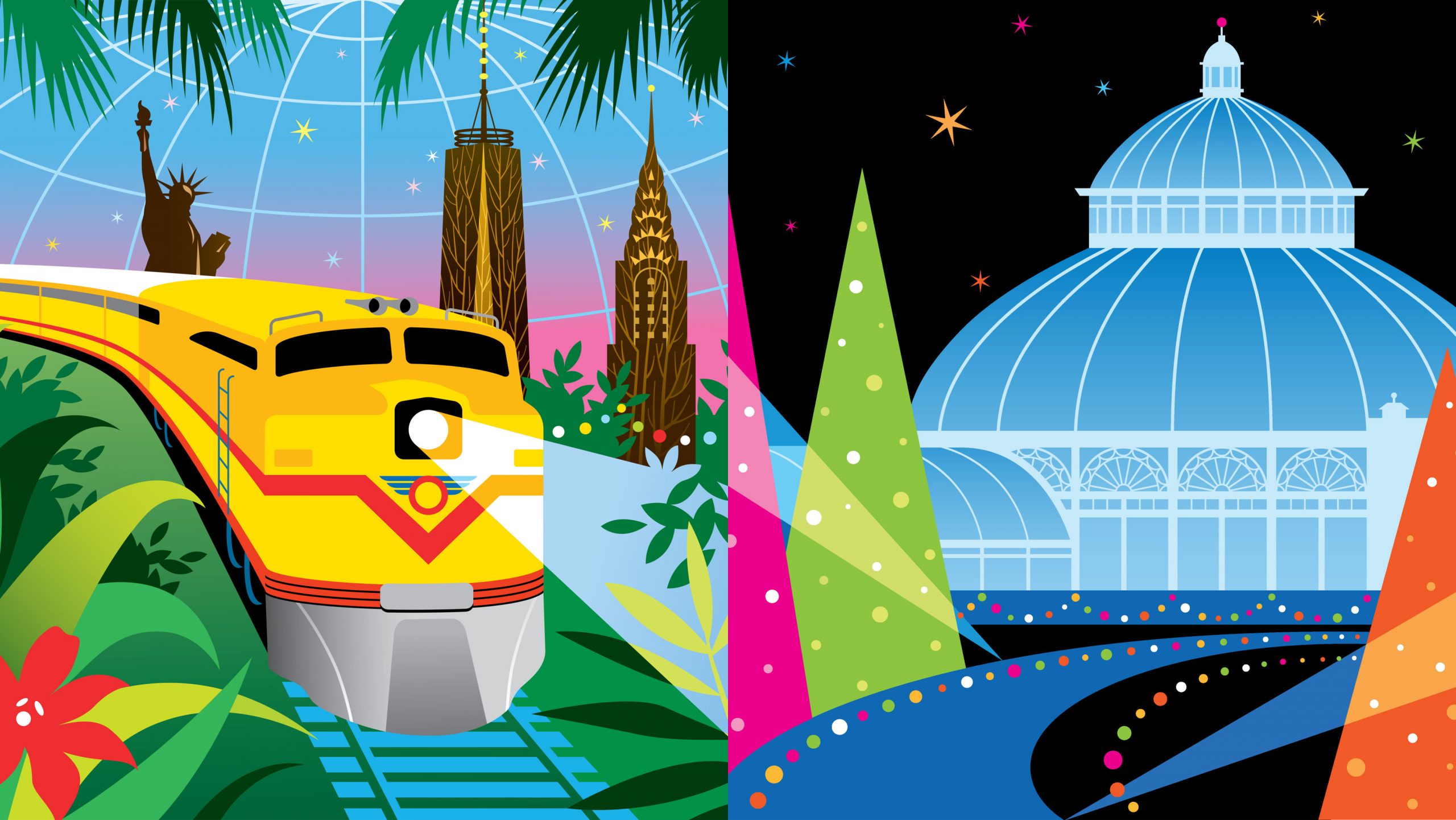 Graphic illustration of Holiday Train Show and Glow advertising - with a stylized yellow and red train in a glasshouse and green leaves, with brown buildings, next to a blue conservatory with black background and electric pink, green, and orange trangle shape trees.