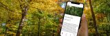 Hand holding a phone showing a view of crowded tall green trees in a forest, with the words of the Thain Family Forest and more text and icons for a map on the phone. The hand is over an image of yellow and green tall trees and a wooded pathway with a tree lined low fence in a forest.