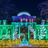 A beau arts style building with columns at night is covered in green lights projected onto it with large leaves in white also covering big areas of the building. In front of the building the hedges are coverd in lots of white twinkle lights and the fountain is covered with blue with lights.