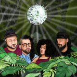 A graphic image of four members of uptown vinyl supreme in front of leaves with a disco ball