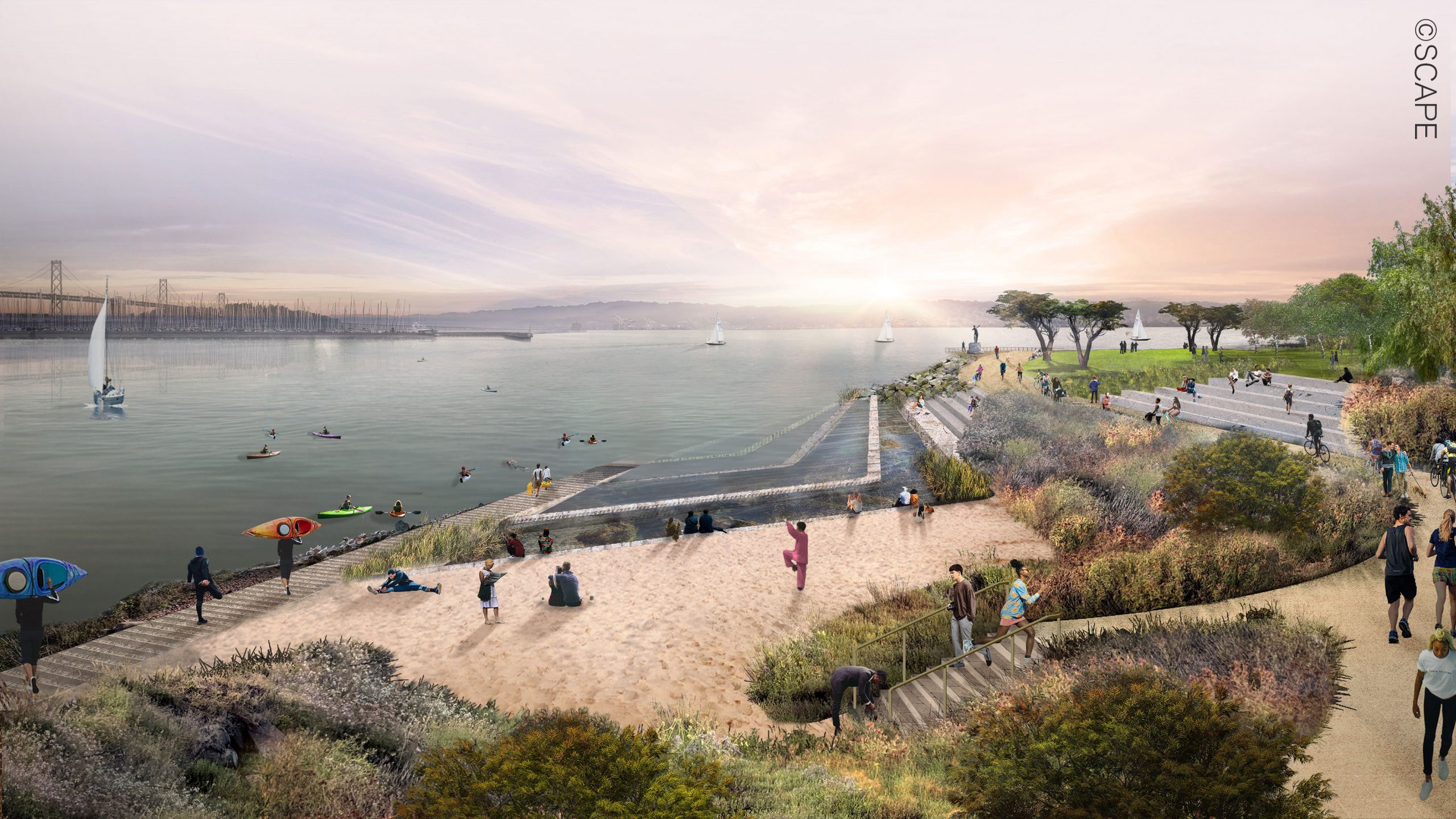 A rendering of a sunny beach scene full of people and lined with intentional plantings