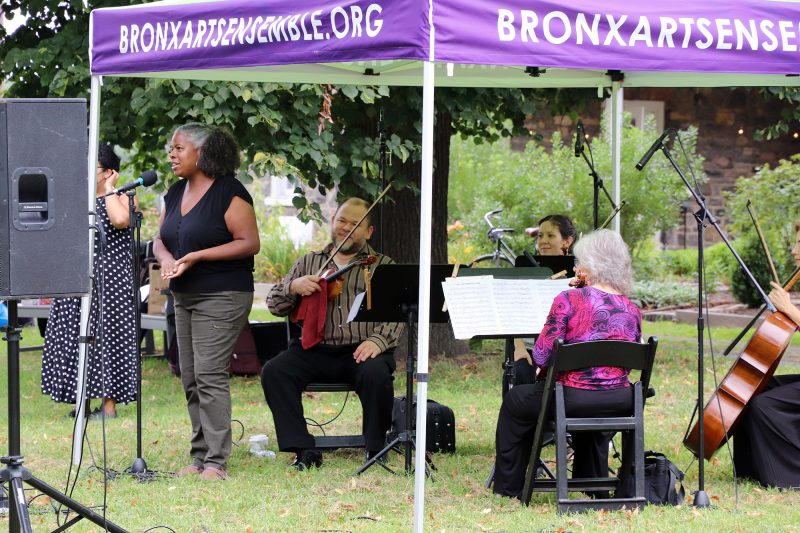 A group of musicians perform for a daytime event, gathered beneath a temporary gazebo