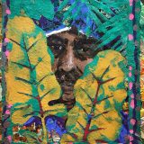 A painting depicting a man's face partially obscured by large yellow leaves and green palm fronds