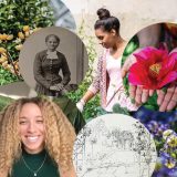 Collage of women smiling and doing various gardening activities, with purple and pink flowers in circles.