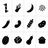 Collage of black illustration of symbols of banana, beans, cabbage, breadfruit, corn, peppers, a pot, rice, gourds, sugarcane, potatos, and wheat in a grid.