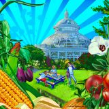 Illustration of large yellow corn in the left corner with tall corn stalks, purple eggplant hanging next to the corn stalks over green grass and colorful representation of three rows of crops. A swirlly painted picnic table is next to the crops with three people, two are seated, one looking at a phone and one is standing walking toward them. Behind them is a large glass Conservatory dome and the sky is rendered in bright blue and darker blue strips that all point down toward the dome. On the right side are a pumpkin, bright red tomatoess hanging from a vine, and a white flower with a purple inside with green flowers and leaves along the side. The illustration is signed by Andre Trenier, 2022.