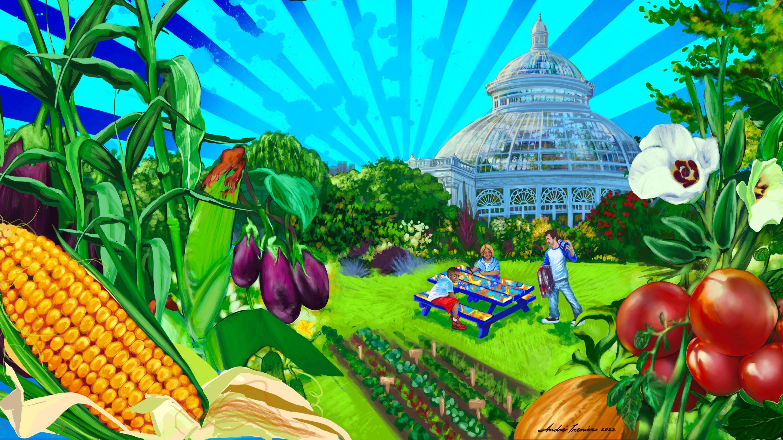 Illustration of large yellow corn in the left corner with tall corn stalks, purple eggplant hanging next to the corn stalks over green grass and colorful representation of three rows of crops. A swirlly painted picnic table is next to the crops with three people, two are seated, one looking at a phone and one is standing walking toward them. Behind them is a large glass Conservatory dome and the sky is rendered in bright blue and darker blue strips that all point down toward the dome. On the right side are a pumpkin, bright red tomatoess hanging from a vine, and a white flower with a purple inside with green flowers and leaves along the side. The illustration is signed by Andre Trenier, 2022.