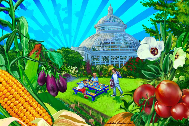 Illustration of large yellow corn in the left corner with tall corn stalks, purple eggplant hanging next to the corn stalks over green grass and colorful representation of three rows of crops. A swirlly painted picnic table is next to the crops with three people, two are seated, one looking at a phone and one is standing walking toward them. Behind them is a large glass Conservatory dome and the sky is rendered in bright blue and darker blue strips that all point down toward the dome. On the right side are a pumpkin, bright red tomatoess hanging from a vine, and a white flower with a purple inside with green flowers and leaves along the side. The illustration is signed by Andre Trenier, 2022.