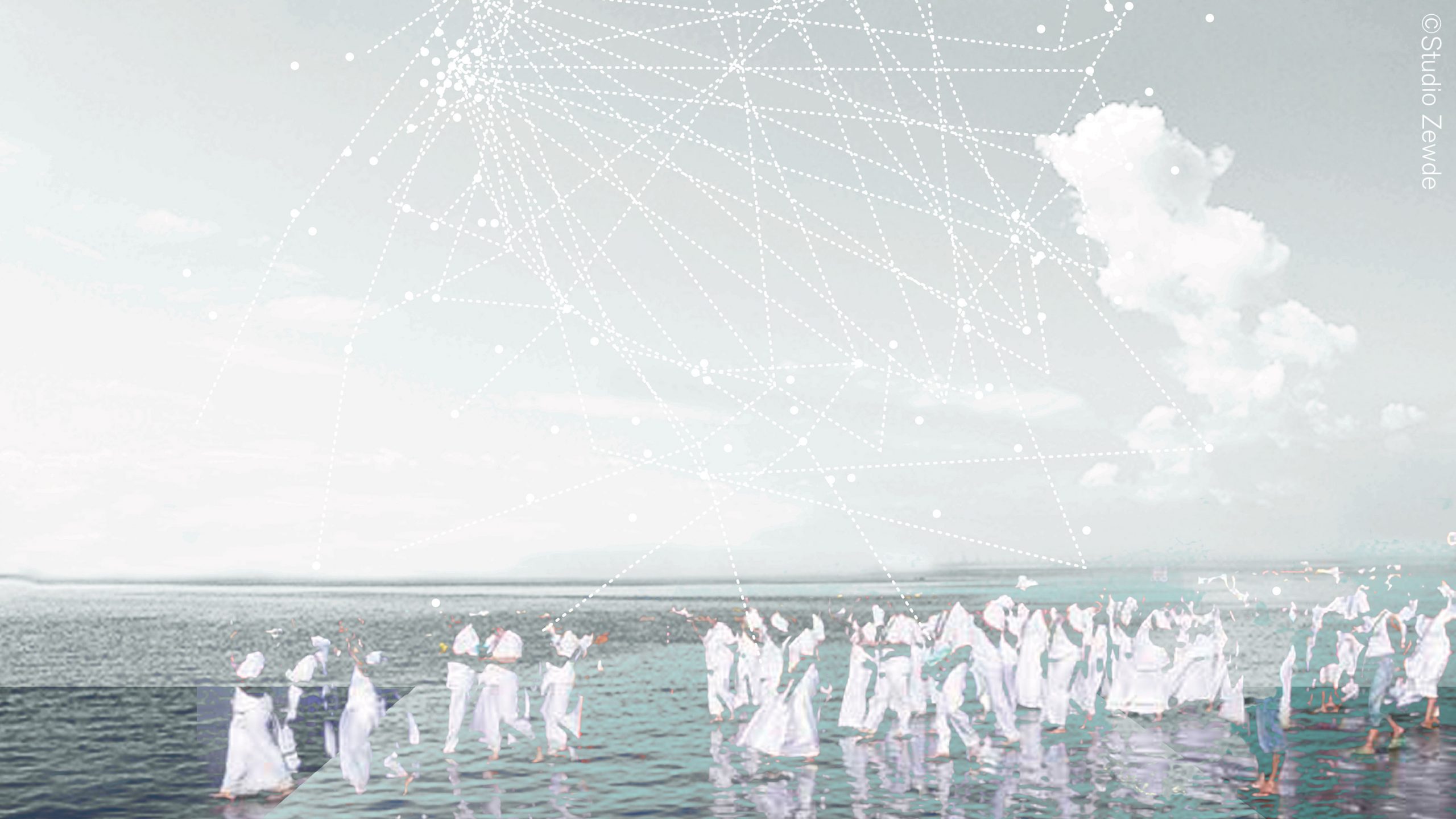 A photo of a clear oceanic scene has been overlaid with geometric points and the outline of a crowd of people walking across the water's surface