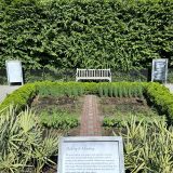 The African American Garden in the New York Botanical Garden, filled with vegetation. A sign in front of the vegetation that states "Making & Mending, we wore baskets with grasses and vegetable material. Some were used to gold thing in our homes and for storage in the places we worked. Others were important for our winnowing grains, processing tobacco, and in other task. We also wed plant fibers to create fishing nets and to weave fabric for clothing that we then died with colors made from still other plants."