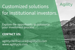 advertisement green background over grey mountain landscape customized solutions for institutional investors logo agility