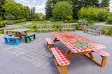 picnic table painted with red and white pattern and vegetables