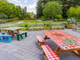 garden courtyard with two colorfully painted picnic tables and benches