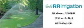 green lawn with water sprinkler advertisement logo RR irrigation middlesex, NJ rrirrigation.com