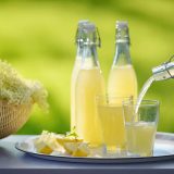 A couple of glasses filled with lemonade on a green background.