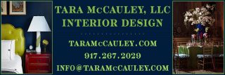 antique sofa and lamp advertisement logo tara McCauley LLC interior design table with flowers