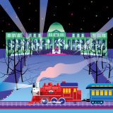A colorful illustration of a bright red steam locomotive passing tracks in front of a brilliantly lit building with a dome atop it; it's a nighttime scene, lit up with greens, purples, pinks, and blues, and the suggestion of leaves and vines projected onto the facade of the building.