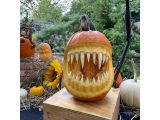 An orange pumpkin sits on a table, carved into a frightening open maw