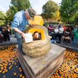 two adult men picking out pumpkin seeds from a large green and orange pumpkin in the Reflecting Pool