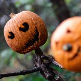 Pumpkins carved into spooky faces stand on scarecrow bodies in a verdant setting