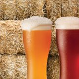 Two tall pints of beer sit in front of a stack of haybales