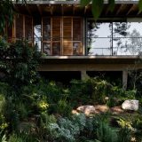 A naturalistic planted setting frames a modern wooden home in the shade